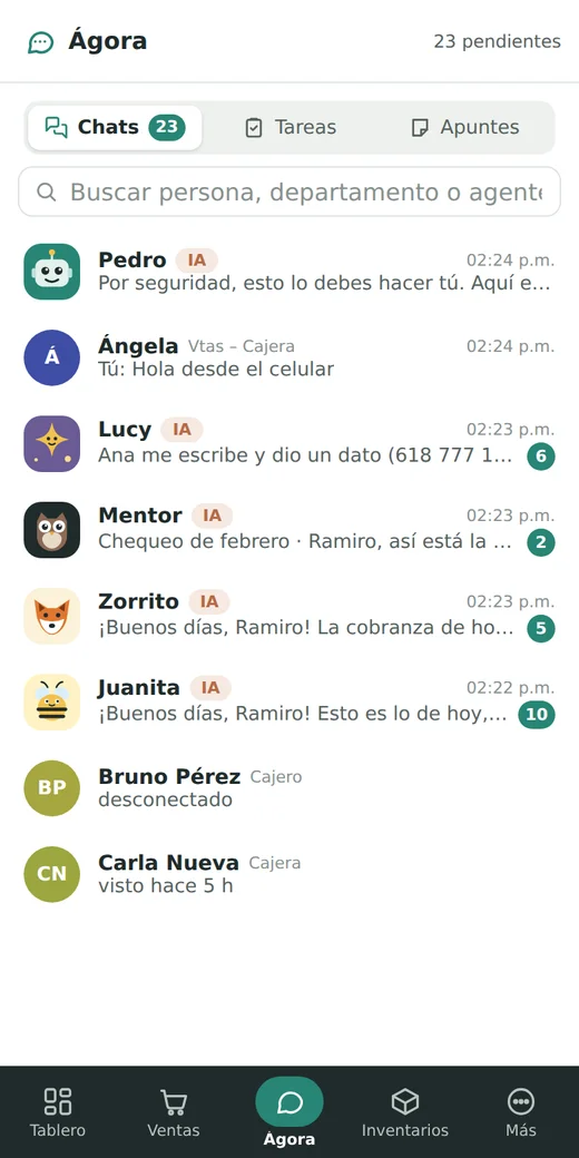 Ágora en el celular: conversaciones con el equipo y con agentes de IA