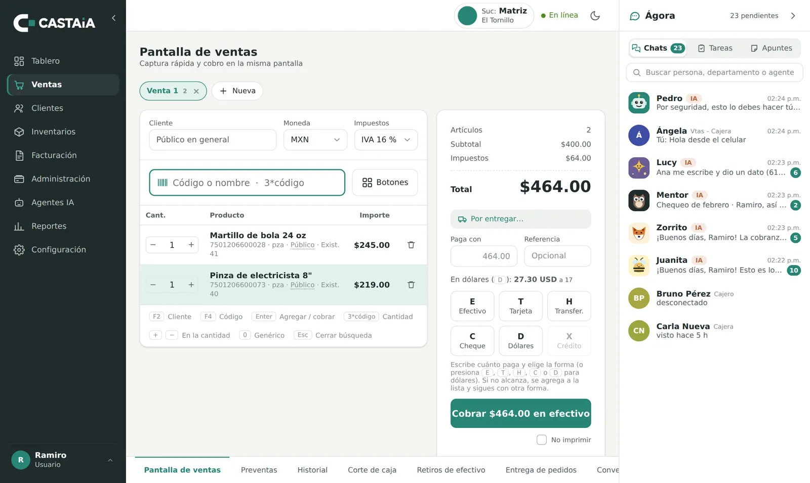 Pantalla de ventas de CASTAiA con la venta en curso, el cobro y Ágora a la derecha